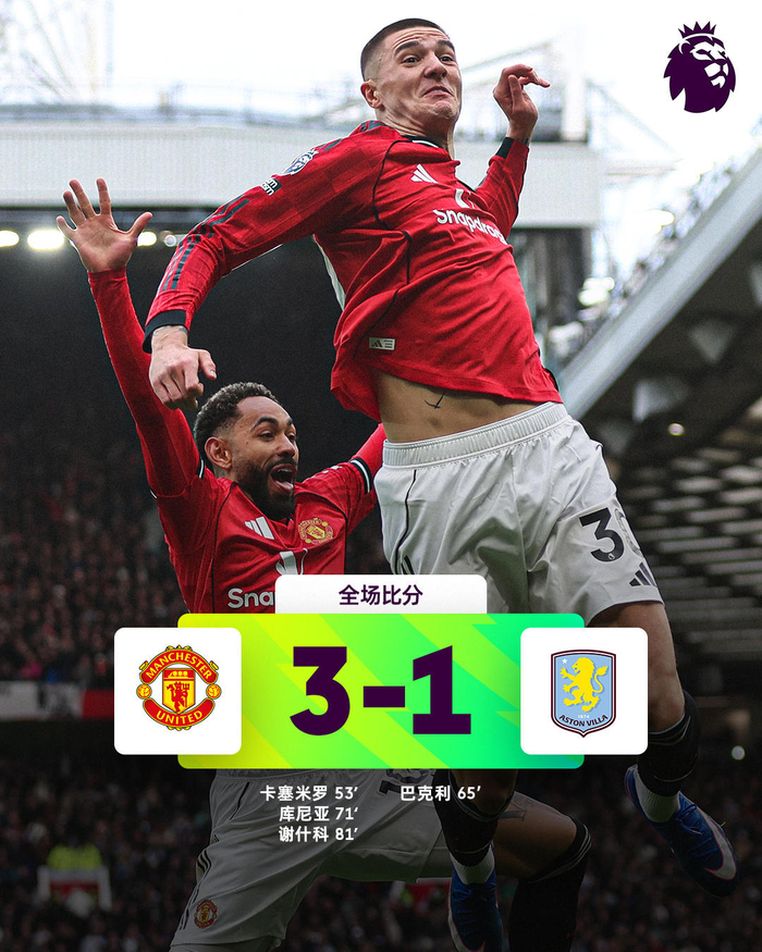开云体育官方网站-热闻|谢什科5战4球，B费破27年神迹！曼联复仇维拉，稳守积分榜前三|卡塞米罗|库尼亚|英超联赛|萨迪奥-迪亚洛|阿斯顿维拉_新浪新闻